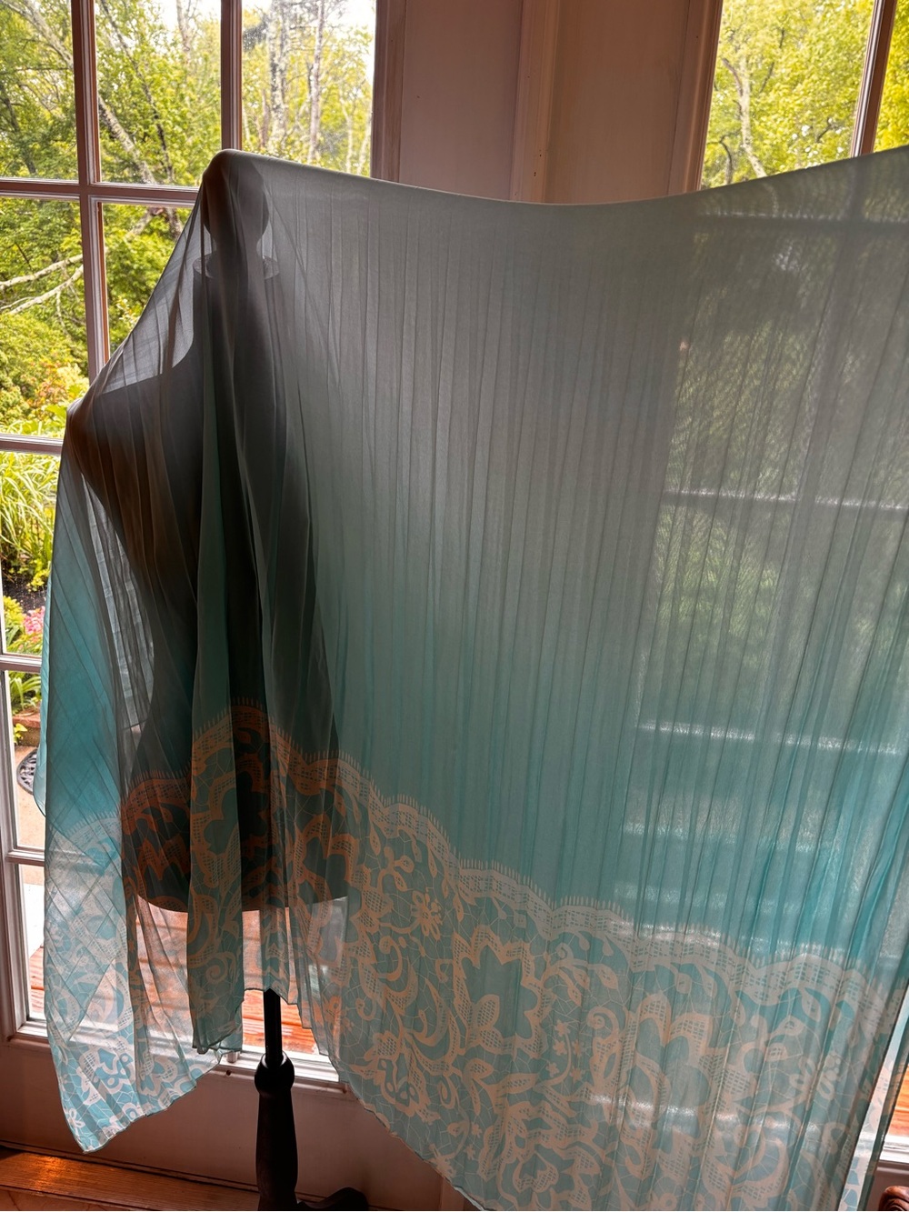 aqua Blue  Sheer scarf with accordion folds & creamy white Lace printed motif